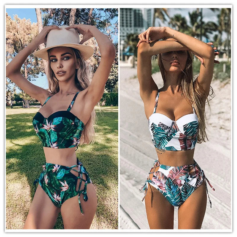 Bikini Mujer Tiro Alto 2025 – Estampado de Hojas Estilo Retro