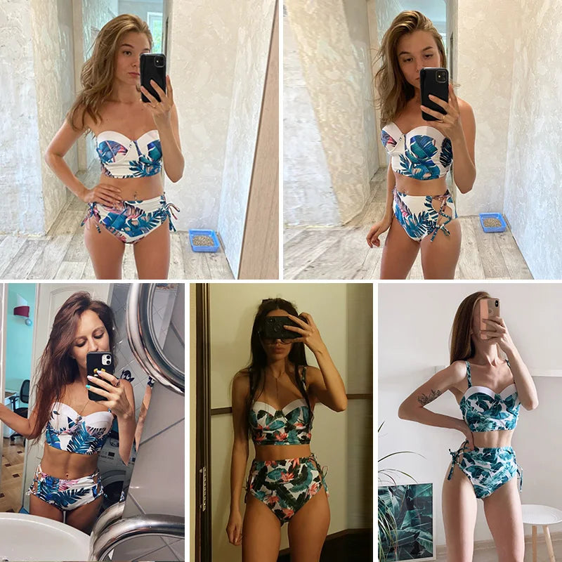 Bikini Mujer Tiro Alto 2025 – Estampado de Hojas Estilo Retro