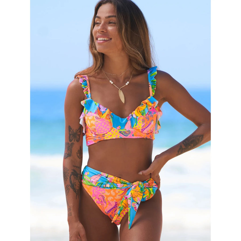 Bikini Mujer Tiro Alto 2025 – Estampado de Hojas Estilo Retro